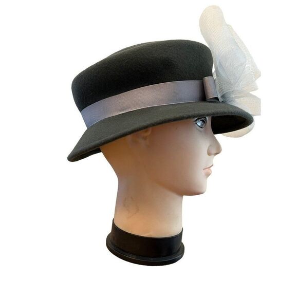 Ladies Gray Wool Bucket Hat Mesh Ribbon Bow Vintage One Size Fascinator Derby - Picture 4 of 7